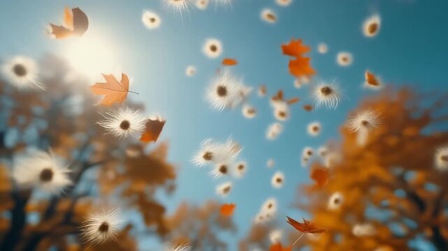 Sun-kissed autumn foliage and ethereal seed pods gently drift through a brilliant blue sky, capturing the serene and dynamic essence of a vibrant fall day