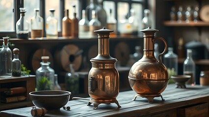 alembic. Vintage copper alembic still on a wooden workbench in an alchemist's workshop with a blurred background. STEM education sheets.