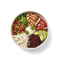 Burrito Bowl (Mexican rice bowl with beans, vegetables, salsa, and protein), layered ingredients visible in ceramic bowls