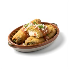Chiles Rellenos (stuffed poblano peppers with cheese, lightly battered), plated in ceramic dishes