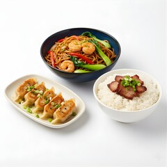 Chinese cuisine featuring stir-fried noodles, dumplings, and rice dishes, arranged in ceramic bowls