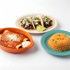 Mexican cuisine featuring tacos, enchiladas, and rice, served in colorful ceramic plates, fresh garnishes