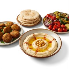 Mediterranean cuisine featuring hummus, falafel, grilled vegetables, and pita, served in ceramic bowls and plates