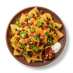 Nachos (crispy tortilla chips topped with melted cheese, beans, and jalape&ntilde;os), generously layered in ceramic plates
