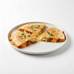 Quesadillas (grilled tortillas filled with melted cheese and vegetables), sliced and plated in ceramic plates