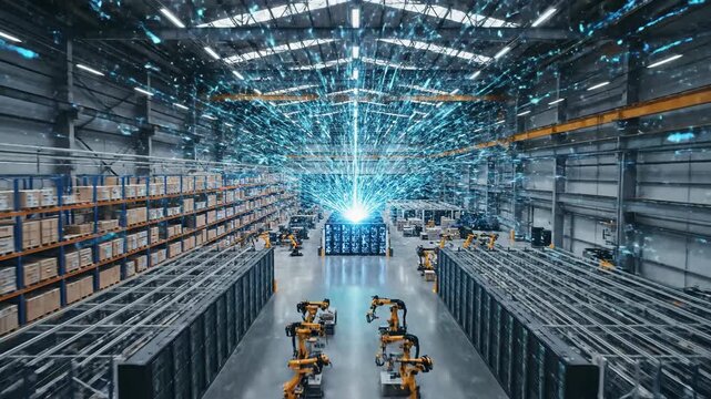 Robotic arms and digital data streams illuminating a futuristic warehouse with advanced automation and technological innovation