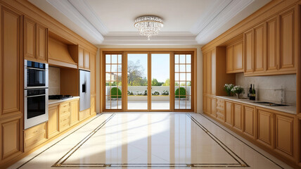 Obraz premium Elegant kitchen with carved wooden cabinets, marble countertop, large windows, and bright