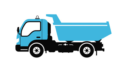 Simple illustration of a blue dump truck with a black chassis and wheels