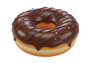 Delicious chocolate donut PNG isolated on transparent background, sweet dessert with blue and gold sprinkles for bakery and confectionery designs