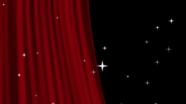 キラキラした赤い1枚のカーテンが開くオープニング動画　背景透過のアルファチャンネル素材(4K)
