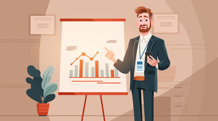 Business presentation analytics chart businessman office conference room suit holding phone pointing graph flipchart plant modern workspace