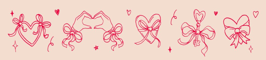 Hand drawn Valentine love icons set with hearts, bows, keys, envelopes and ribbons in doodle style. Cute romantic elements for greeting cards, posters, stickers and patterns.