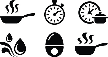 Cooking Frying Pan, Timer, Clock, Water, Egg, and Pot