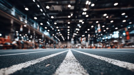 Perspective View of Dark Blue Running Track with White Lines in Indoor Stadium with Blurry Crowd and Ceiling Lights