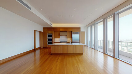 Obraz premium Modern kitchen with wood floor, island, built in oven, large windows, and city view, bright space