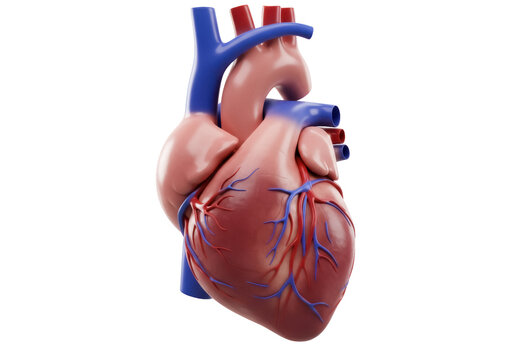 Realistic human heart model isolated PNG, anatomical organ with arteries and veins on transparent background, medical diagram for educational use