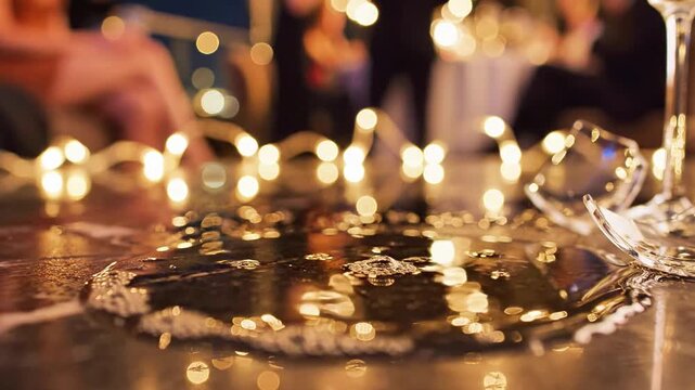 A close-up of a reflective tabletop with a blurred background of a dimly lit room, featuring a glass and string lights