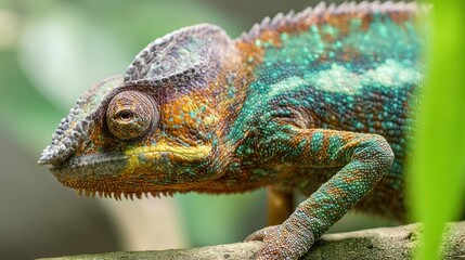 Fototapeta premium whiptail. Chameleon on a tree branch mid-color change, blending with green leaves. wildlife magazines, conservation campaigns, designed for eco-tourism storytelling.