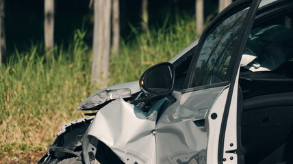 Detailed View of Damaged Vehicle After Collision in a Rural Environment