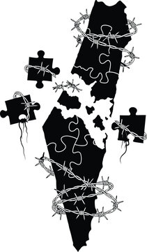 Silhouette of a map of Palestine as a broken jigsaw puzzle with barbed wire on a white background Palestine map