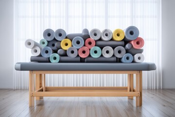 Stack of Colorful Yoga Mats on a Wooden Table with White Curtains in the Background and Natural Sunlight