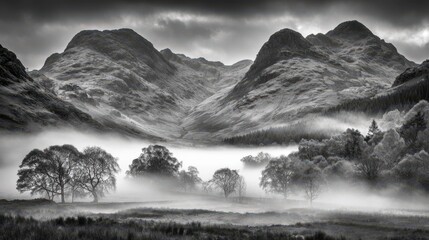 Monochrome Landscape of Mountain Range with Dense Fog Rolling Through the Valley Under Overcast Sky and Sparse Trees in Foreground