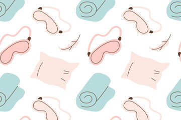 Flat cartoon vector illustration of sleep pattern with pillows, blankets and sleep mask, cozy bedtime theme, soft calm mood, seamless decorative design for night routines, home textiles