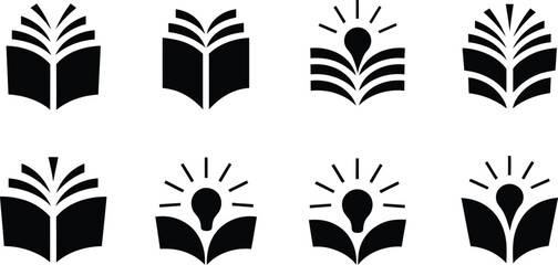 Collection of stylized open book with radiating lines and lightbulbs