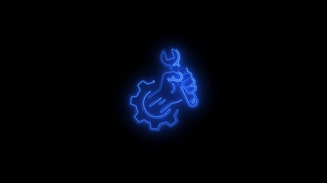 Thisfeatures a glowing neon settings icon with a gear and wrench, representing system configuration, maintenance, repair, and technical support. The modern neon line  style is ideal for technology 