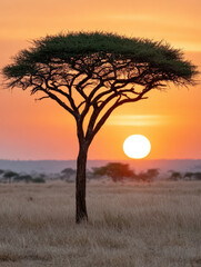 Fototapeta premium Acacia tree silhouette at sunset on the savanna.