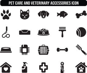 Pet Care and Veterinary Accessories Icon Set with Cat, Dog, Food Bowl, Grooming Tools, and Animal Shelter Symbols