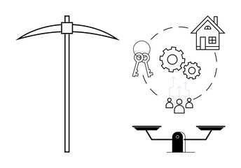Mining, real estate, business strategy, balance, collaboration, legal framework. A pickaxe, a house key a home gear people figures and scales are . Mining and real estate concepts