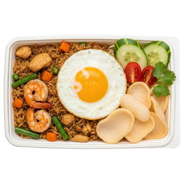 Nasi goreng with fried egg and shrimp isolated on transparent background