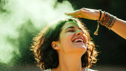 Happy Young Woman Celebrating Holi Festival with Green Powder