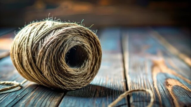 Close up of a rustic ball of twine on a wooden surface natural texture