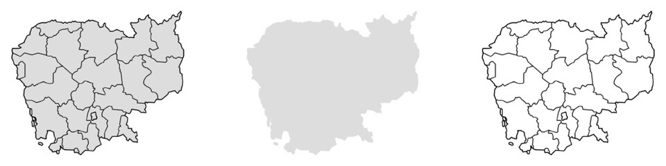 Cambodia map showing administrative boundaries and national outline in three clean styles. Suitable for geography, cartography, education, government use, regional analysis, location.