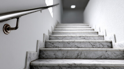 Elegant marble staircase with metal railing in bright interior.