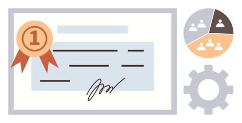 Certificate with badge, signed document, pie chart showing team dynamics, and gear icon. Ideal for education, teamwork, recognition, success, professional growth collaboration simple flat metaphor