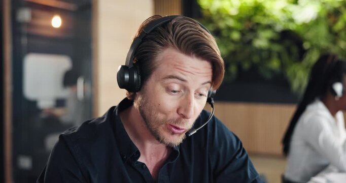 Call center, advice or man in office with headset, lead generation or outbound contact in crm management. Telemarketing, coworking or agent with tech, customer service or feedback in help desk