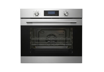 Fototapeta premium Modern stainless steel built-in oven with digital display and silver knobs on transparent background