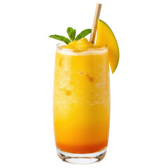 Fototapeta premium Mango smoothie with straw and mint leaves in glass isolated on transparent background