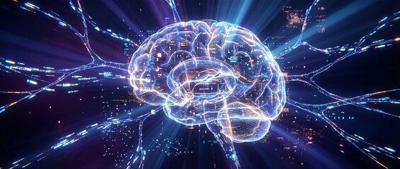 A glowing, translucent AI brain with intricate digital neural networks and data streams, illustrating advanced artificial intelligence, machine learning, and futuristic technology.