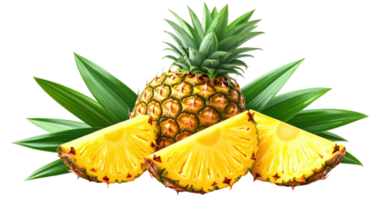 Fresh pineapple with sliced wedges and green leaves against black