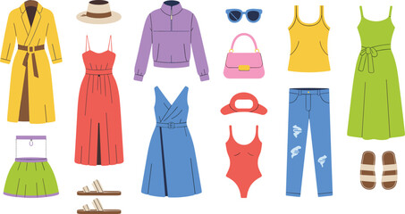 Collection of stylish women's summer clothing items including dresses, jeans, outerwear, swimwear, and accessories like hats and bags, isolated on white background for fashion design.