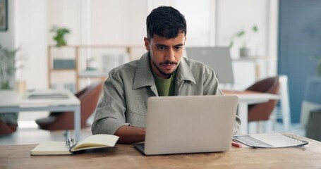 Media agency, laptop and man in office, internet and research for creative project. Person, planning and employee in workplace, computer and website info with marketing proposal and online reading