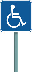 Blue wheelchair accessible parking sign on pole isolated on white background universal disability symbol vector illustration signage