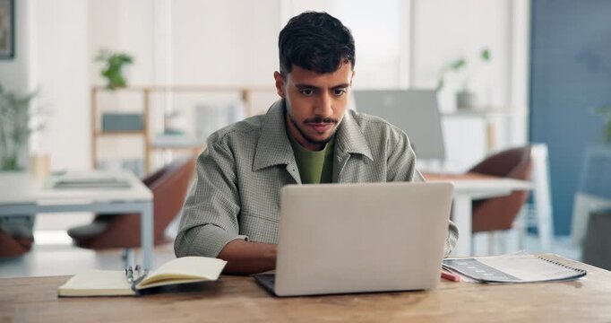 Media agency, laptop and man in office, internet and research for creative project. Person, planning and employee in workplace, computer and website info with marketing proposal and online reading