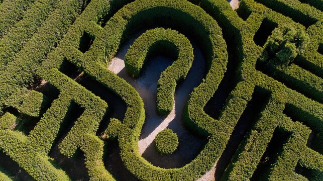 stammer. Aerial view of a hedge maze shaped like a question mark with a light symbol at its end. travel magazines, destination branding, designed for outdoor magazines and nature guides.
