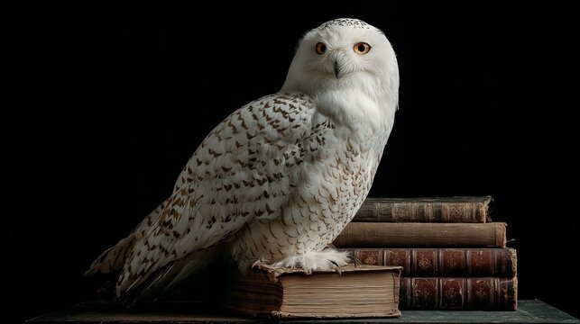 White Owl on Old Book with Dark Background