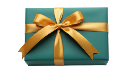 A beautifully wrapped gift box, teal paper with a golden ribbon and bow, isolated on white.
